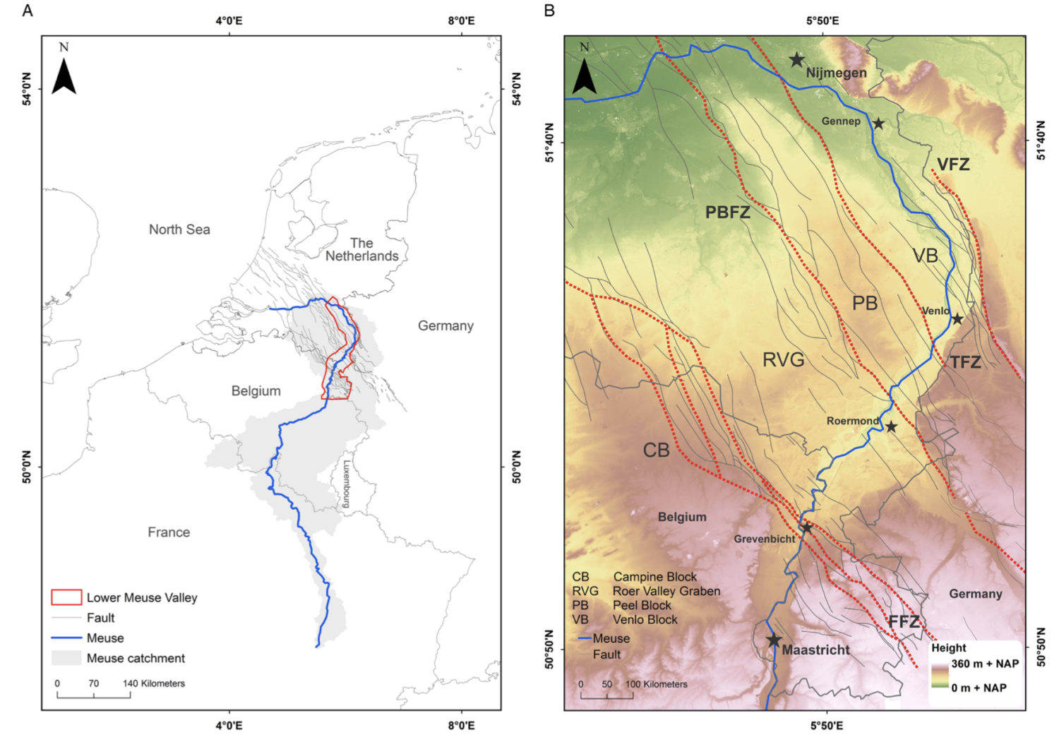 De Maas en de belangrijkste horsten en slenken